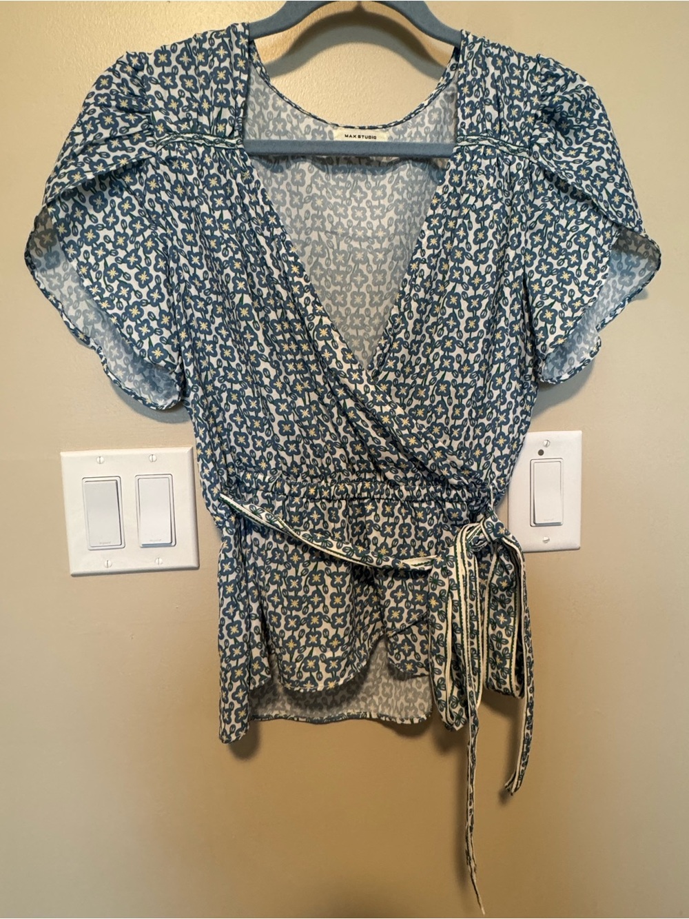 Max Studio Blue and White Floral Wrap Blouse